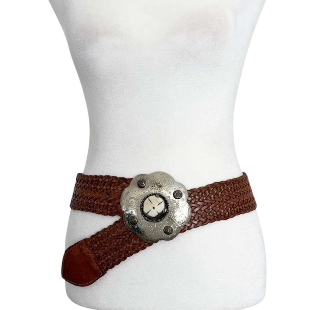 Moroccan Cowgirl Western Boho Rosette Engraved Concho Braided Leather Belt (S/M)